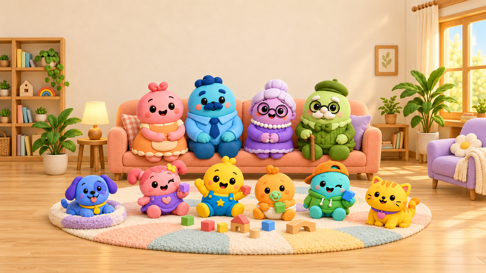 The Melloo family spending a cozy afternoon at home, with the grown-ups on the sofa and the children on their play rug.